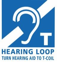 A blue symbol with an ear that denotes hearing assistance devices are available.