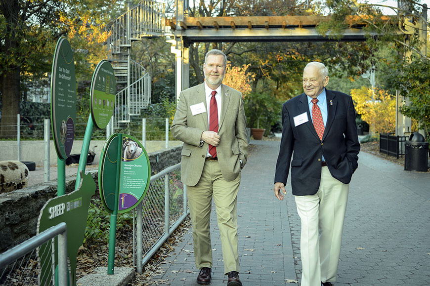G. F. “Jerry” Jones, PhD, Senior Associate Dean, Graduate Studies and Research, College of Engineering, and Professor of Mechanical Engineering, with Philip Piro ’50 EE at an Ignite Change event at the Philadelphia Zoo.