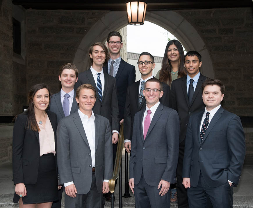 Villanova’s 2016-2017 Fulbright recipients—Clockwise from far left: Mary Trotter, Stephen Wemple, Adam Vincent, Patrick Smith, Enmanuel Almonte, Aisha Chughtai, Rishi Chauhan, James DiGregorio, Andrew Moffa and Thomas Trainer (Not pictured: Lauren Rutherford, Joseph Schaadt and Cherisse Smith).