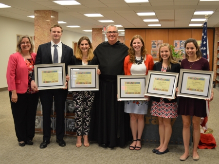 Ms. Millicent Gaskell, Director of Falvey Library and University Librarian, with Falvey Scholar Award winners Thomas Cox ’16 COE; Meghan Barker ’16 CLAS; University President The Rev. Peter M. Donohue, OSA, PhD, ’75 CLAS; Chloe DeEntremont’16 CLAS; Molly Purnell ’16 CON; and Tara Malanga ’16 CLAS. Credit: Alice Bampton, digital image specialist and senior writer, Falvey Memorial Library