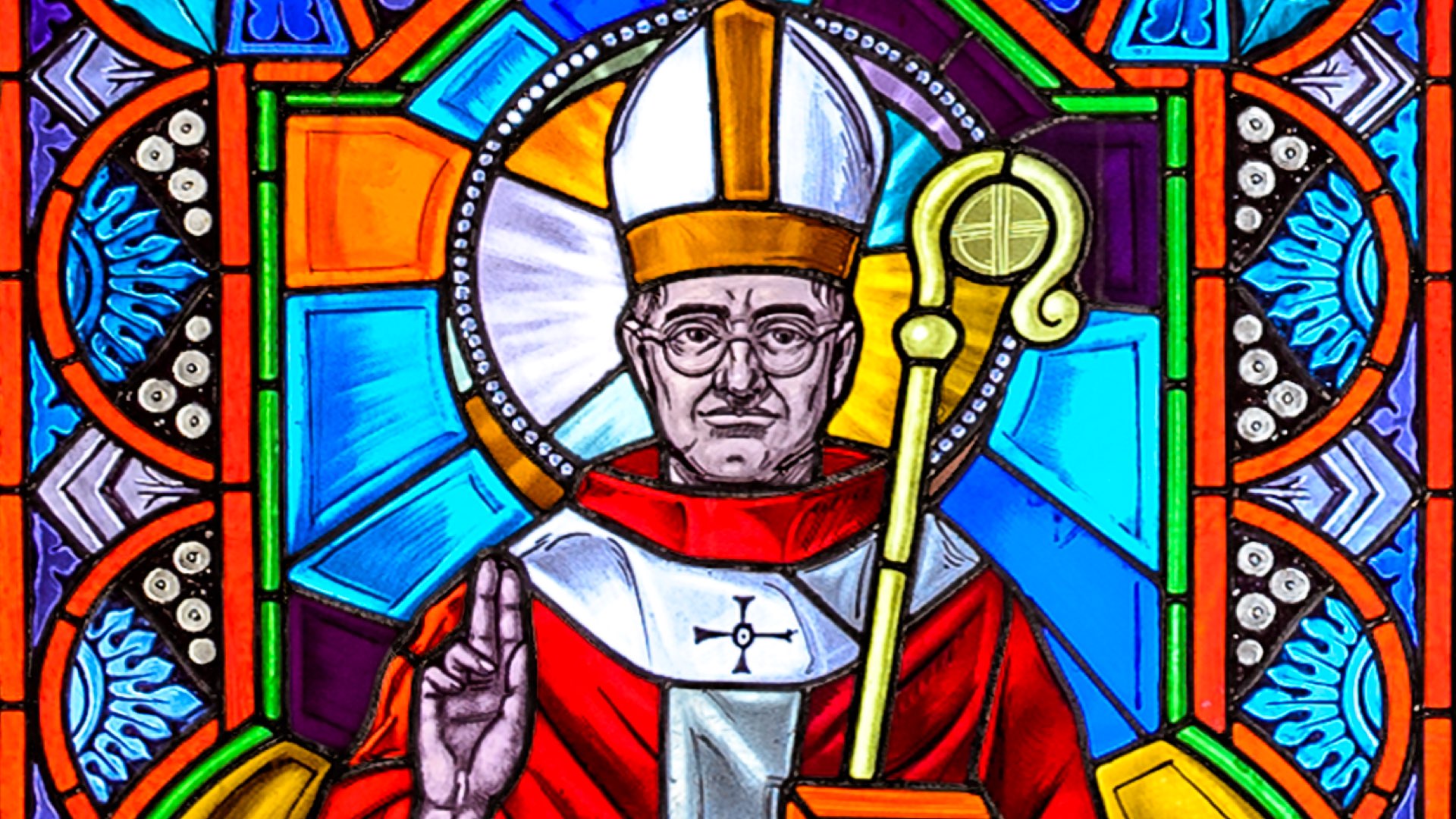 Stained glass window depicting Blessed Oscar Romero from Villanova’s Corr Chapel.