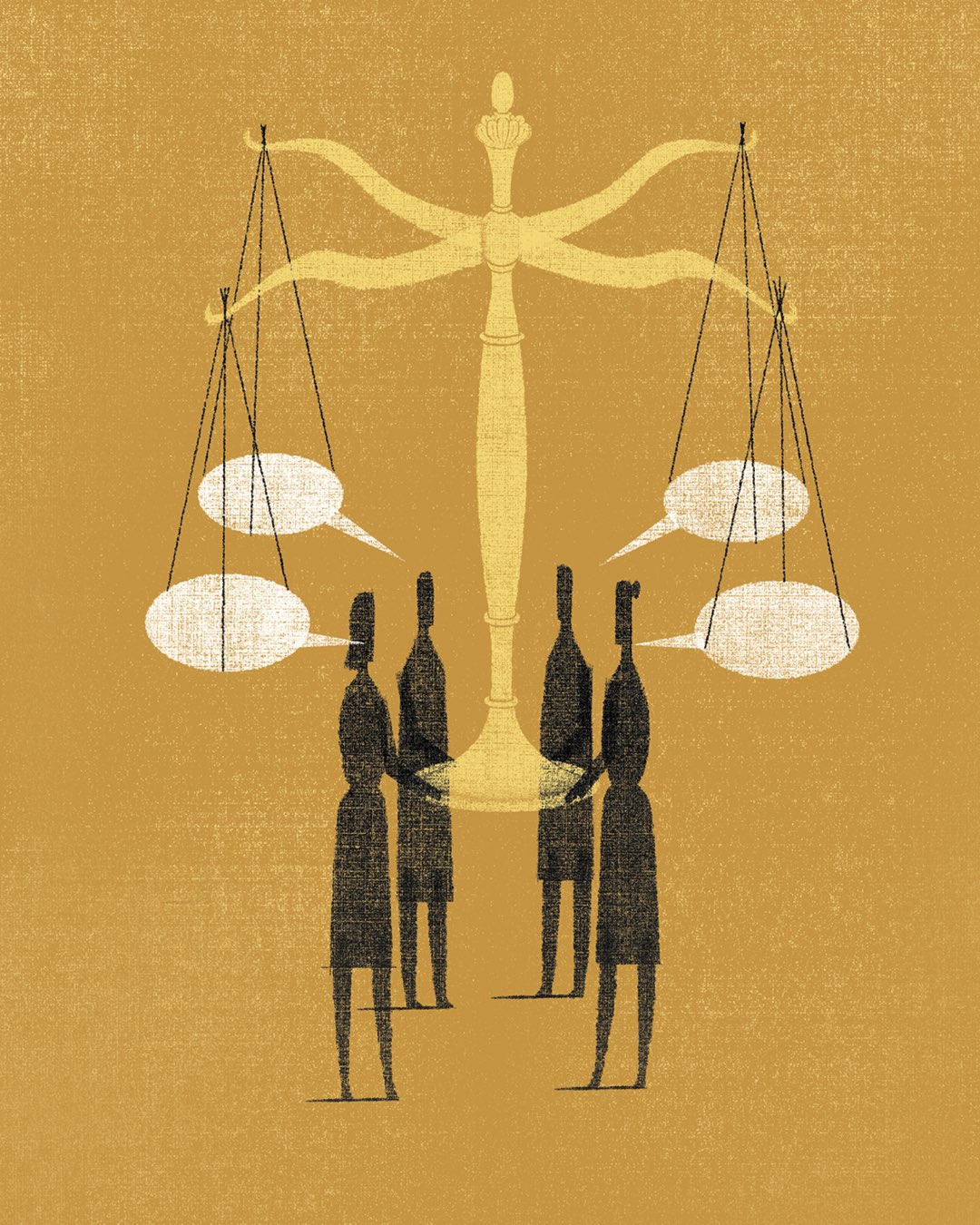 Graphic artwork on a mustard-colored background showing four dark silhouettes holding and balancing the scales of justice