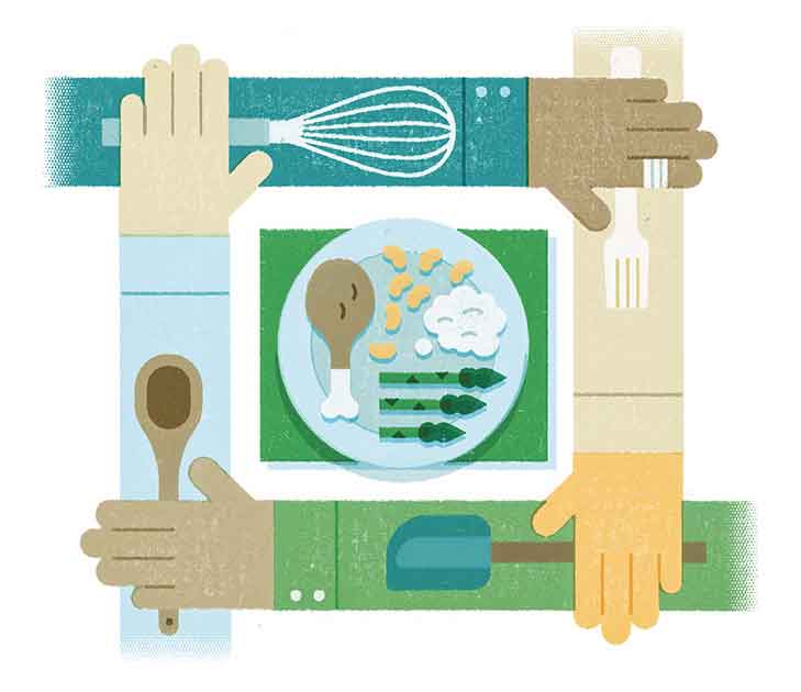 Illustration of a plate of food at the center of four hands that connect to form a square table