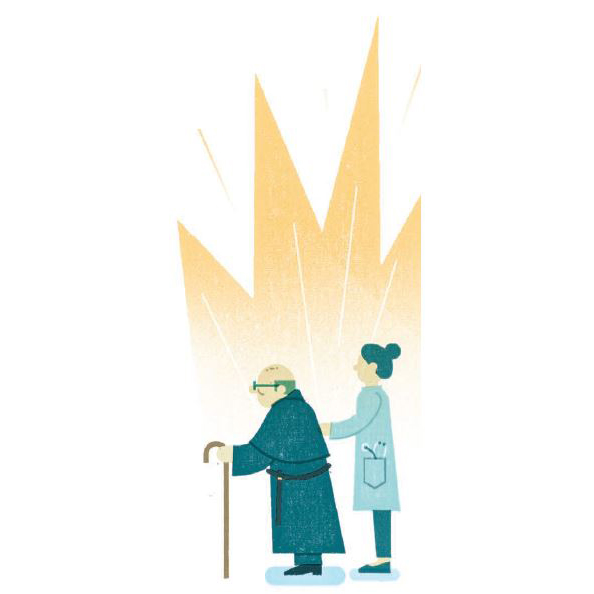Illustration of a friar with a cane walking beside a health care professional