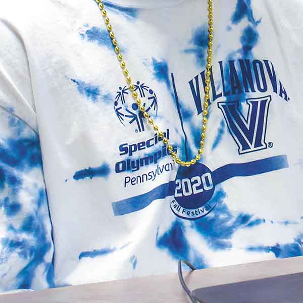 close-up of Special Olympics blue tie-dye shirt