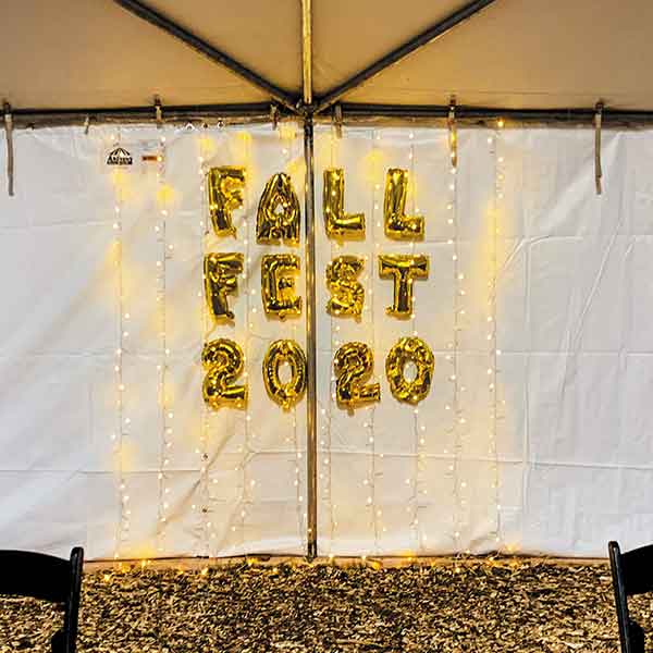 gold foil balloons spell out Fall Fest 2020