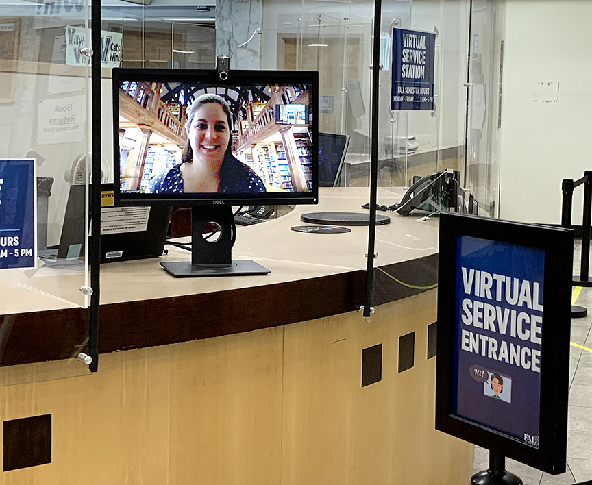 Falvey virtual service entrance with librarian on screen