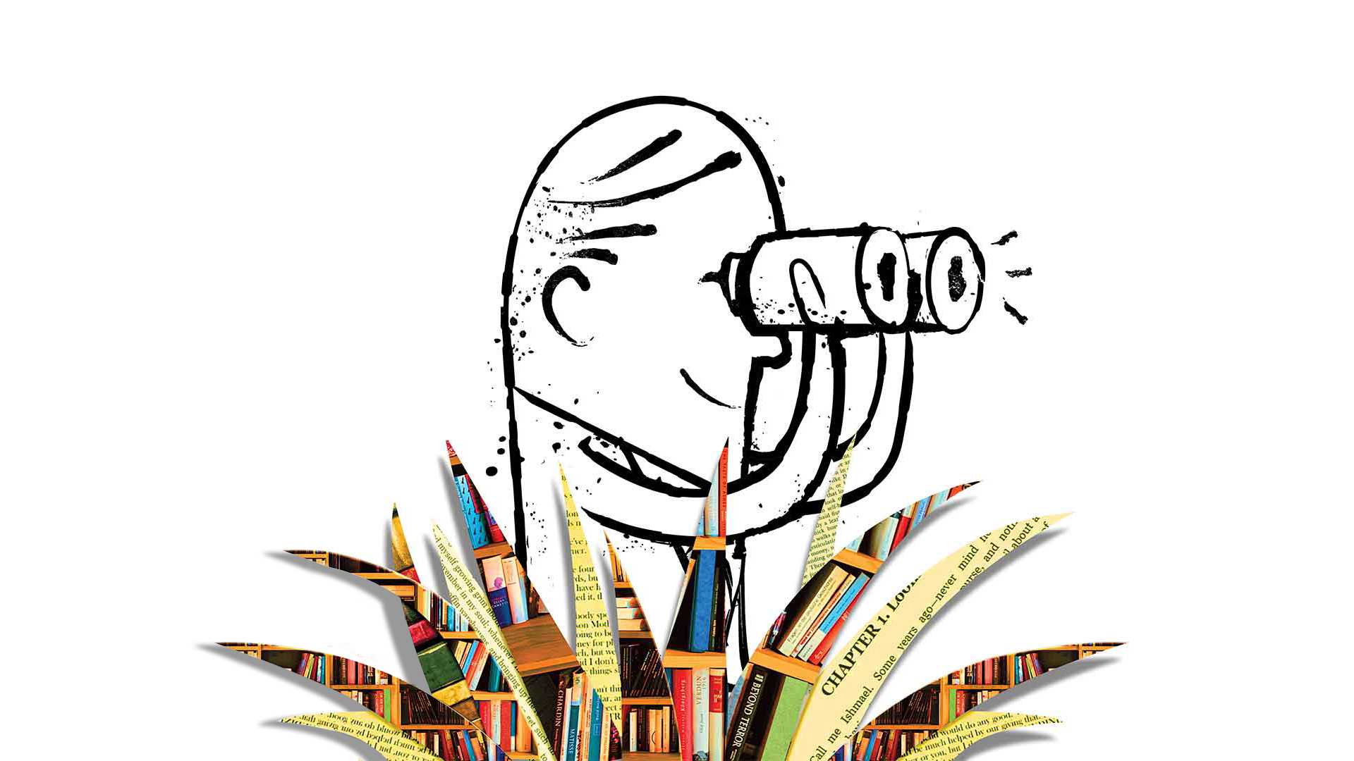 Illustration of man looking through binoculars in high grass that resembles book clippings.