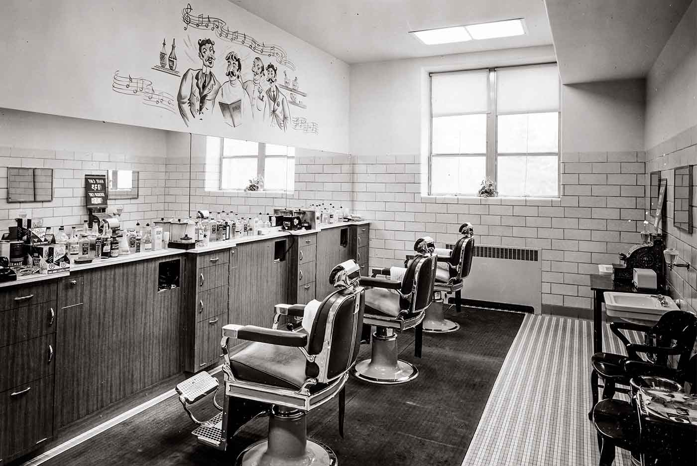 Vintage photo of the interior of the University Barber Shop
