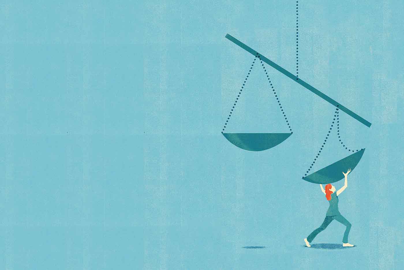 Illustration of a woman underneath an imbalanced scale of justice, trying to hold one side up