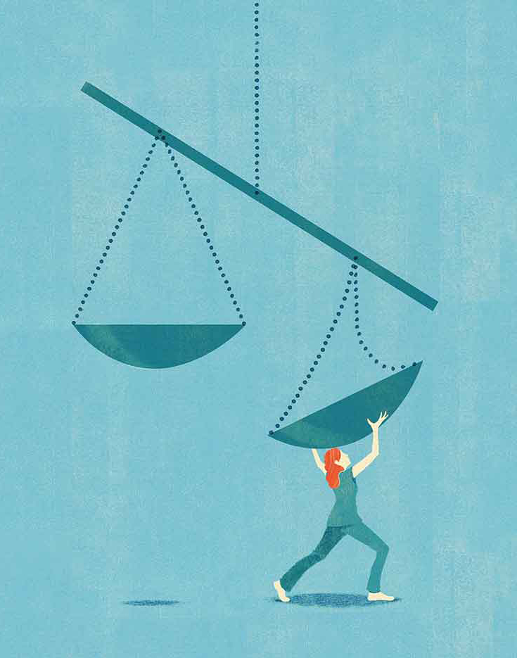 Illustration of a woman underneath an imbalanced scale of justice, trying to hold one side up