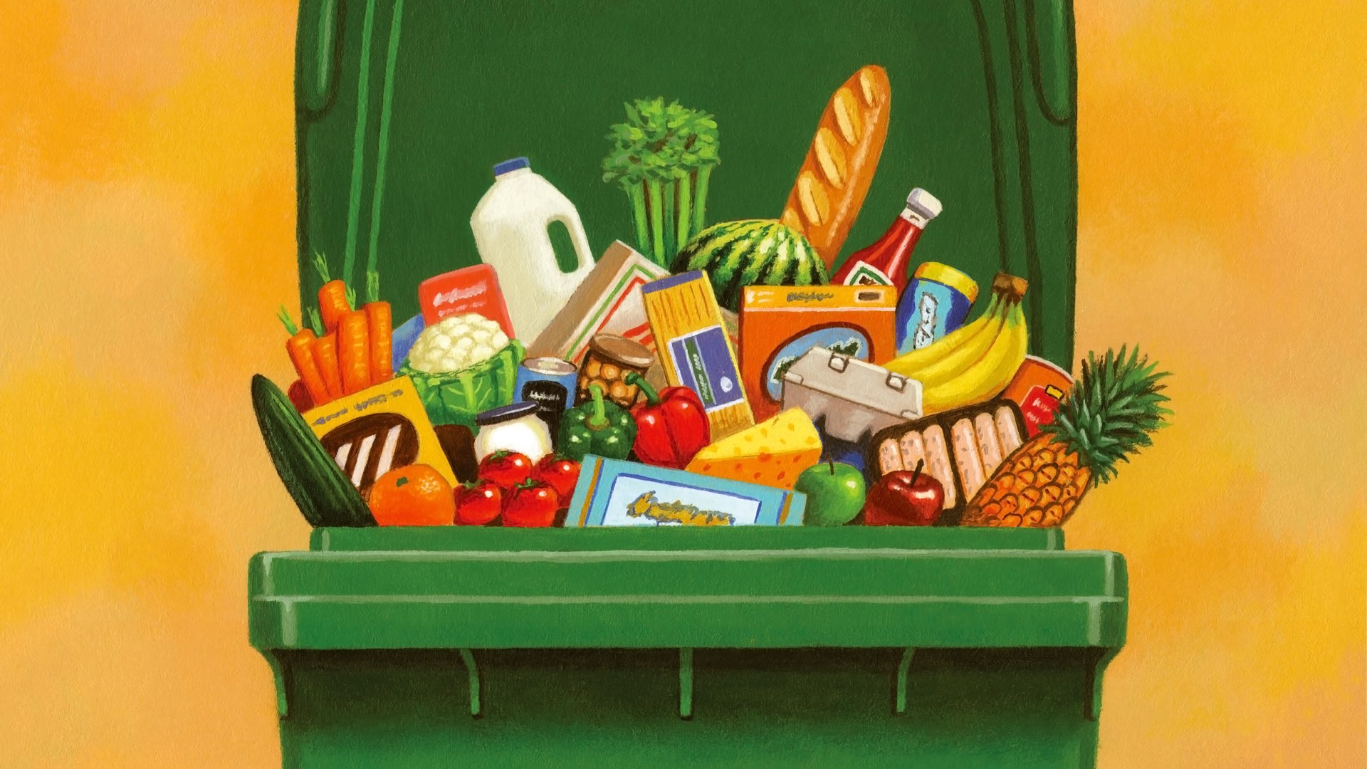 Illustration of edible food in a garbage bin.