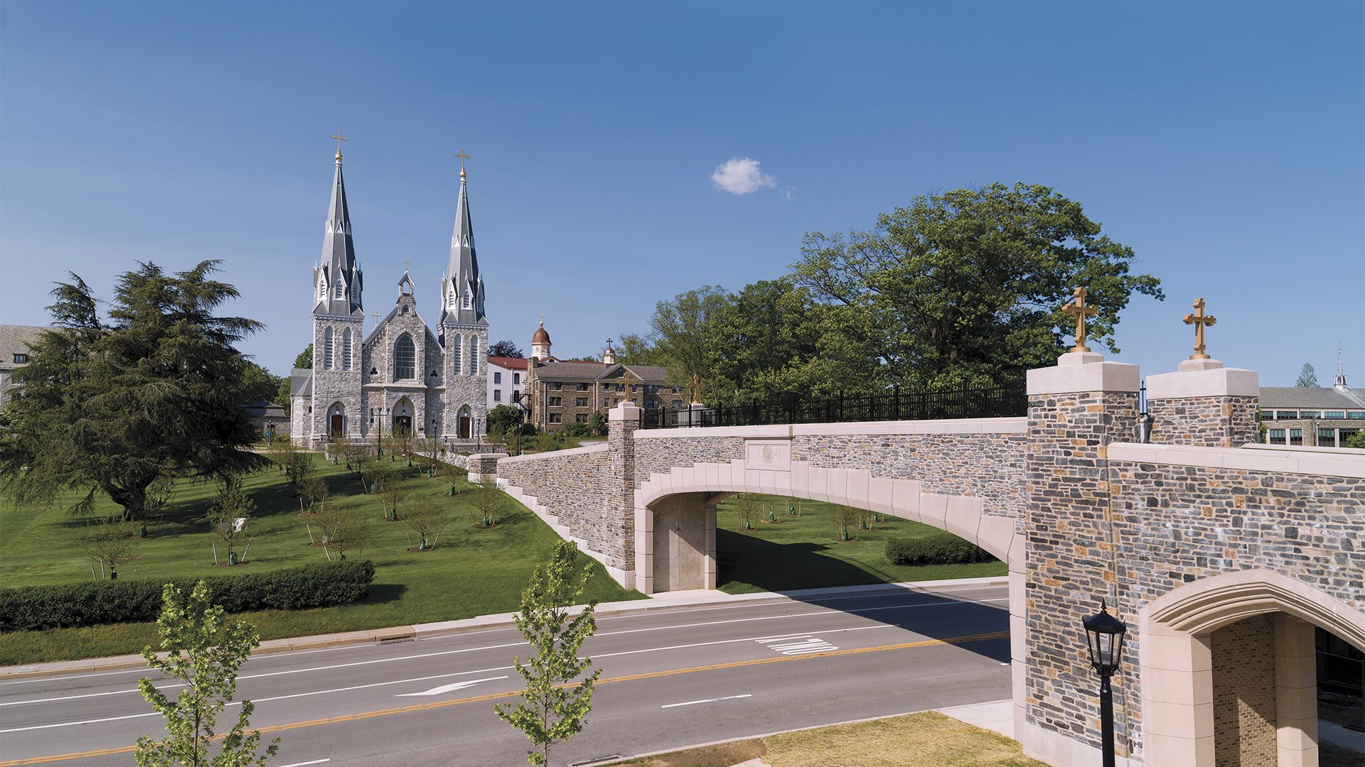 The St. Thomas of Villanova Church with the newly built pedestrian bridge over Lancaster Avenue.