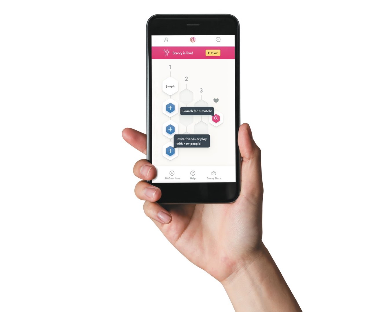 Hand holding a smartphone with a screenshot of the Savvy Dating app game