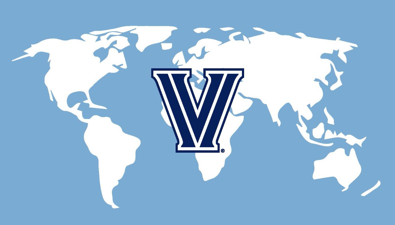 Flat map of the world with the Villanova "V" in the middle
