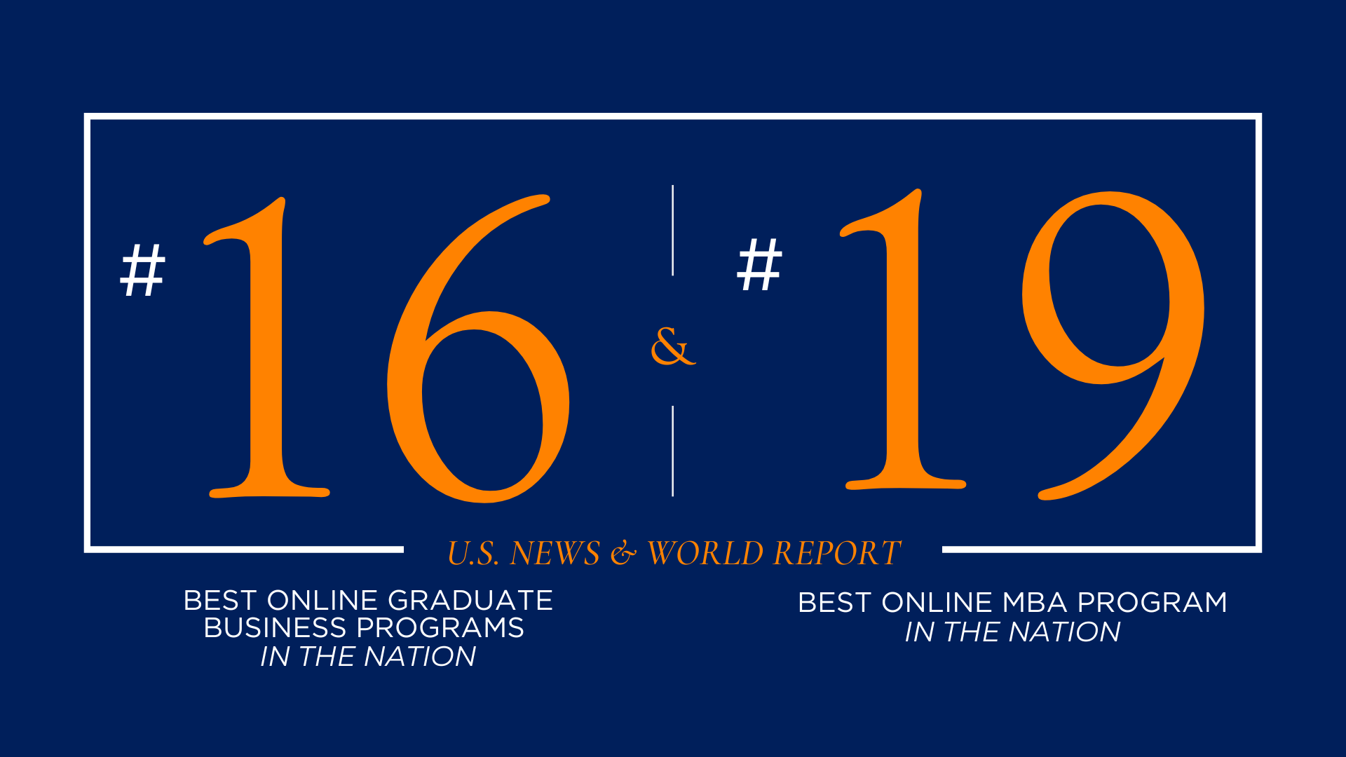 Graphic of U.S. News & World Report #16 Best Online Graduate Business Programs, and # 19 Best Online MBA rankings