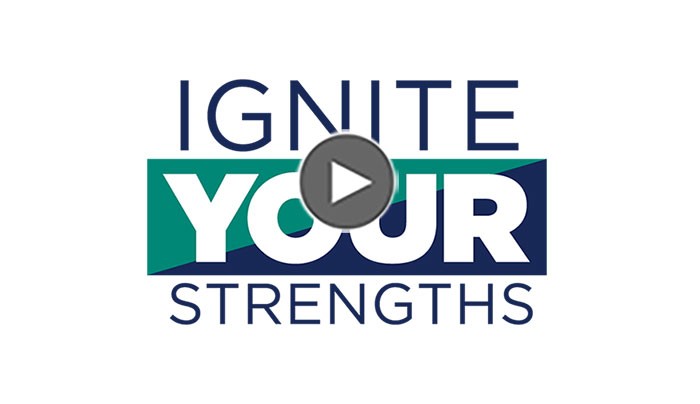 Screenshot of Ignite Your Strengths logo lockup with play button link to video