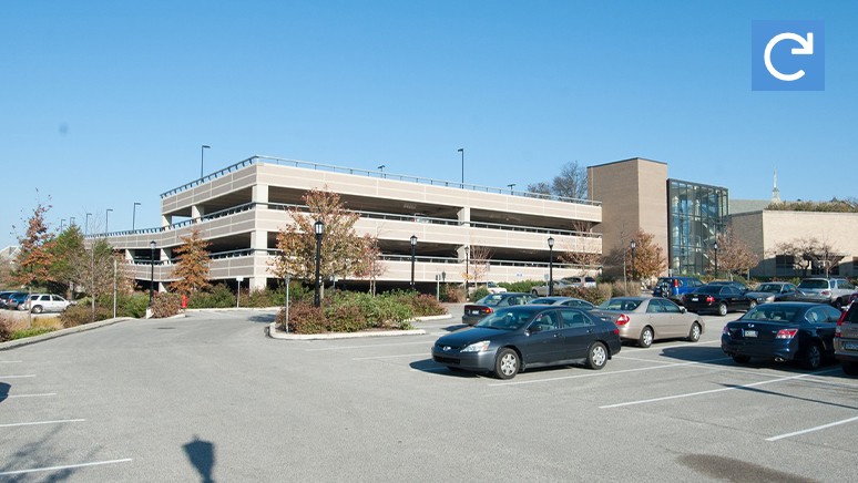 View of the Law School building from the parking lot