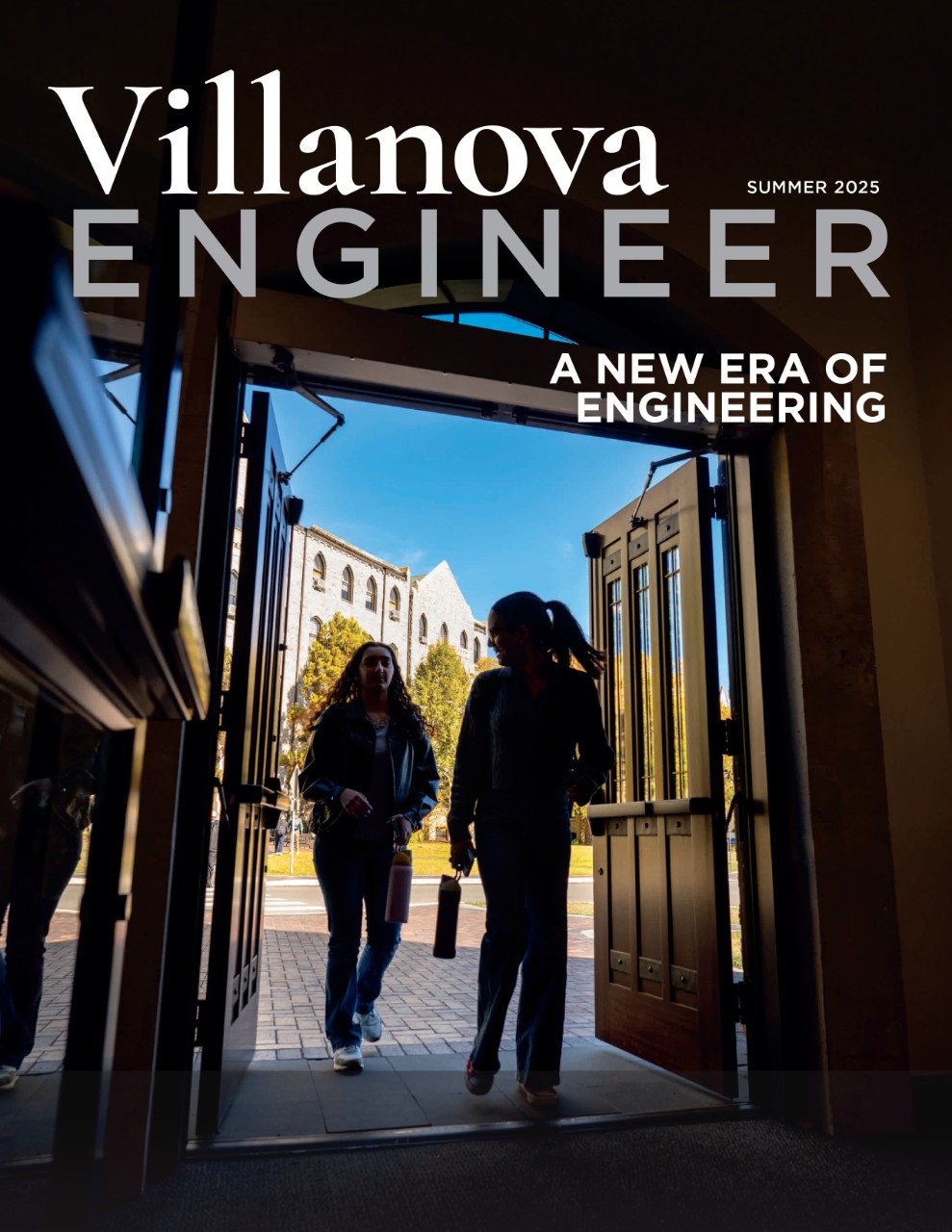 Villanova Engineer Summer 2025 Magazine cover featuring two students walking into Drosdick Hall