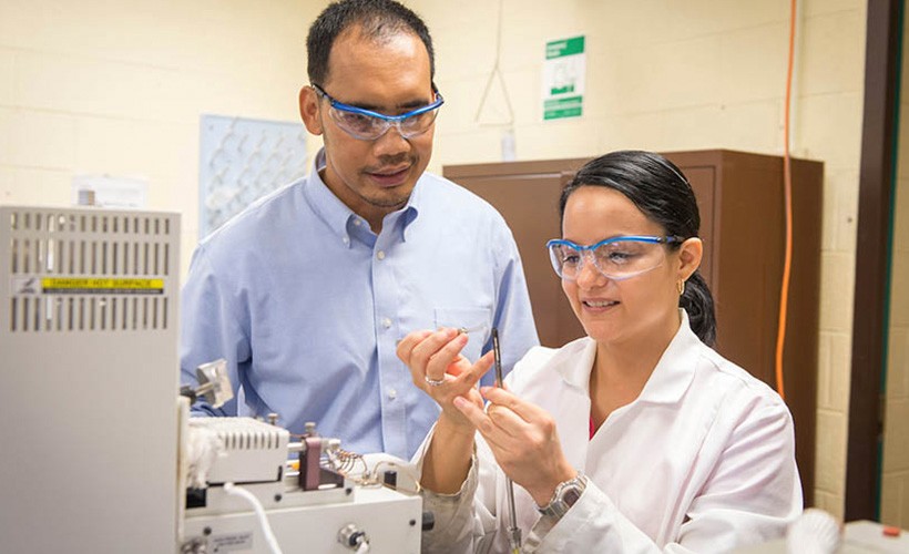 Associate Professor Justinus Satrio works with a student in a lab.