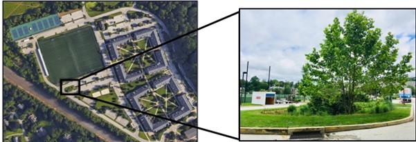 Figure 2: Location of the BTI in the west campus (left) and BTI with the outflow inlet (right)