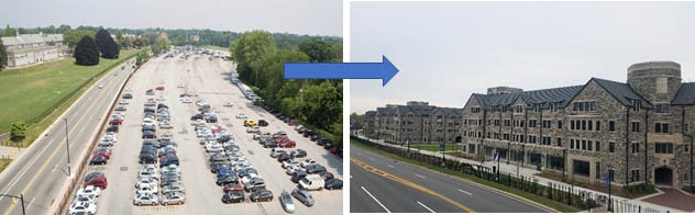 Villanova’s Main lot (left) vs. the completed Commons (right).