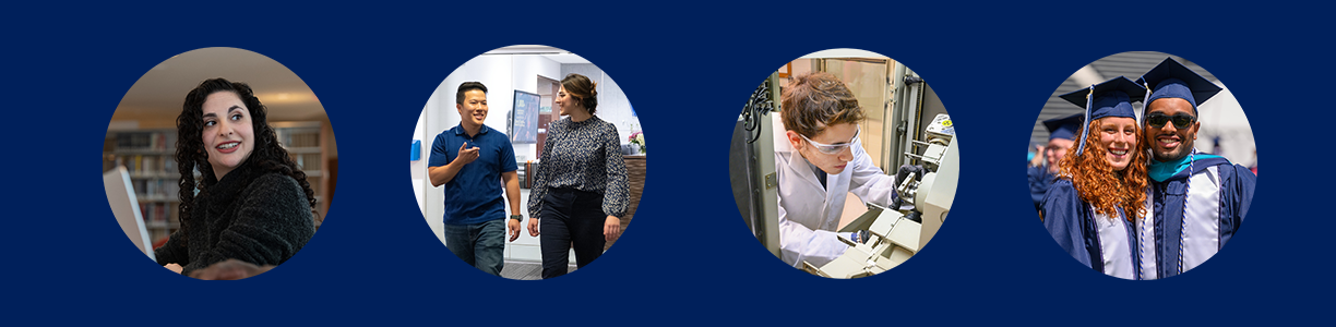 Photo collage of four images of Villanova graduate students. From left to right: student smiling in Law Library; two students walking and conversing in Bartley Hall;  student-researcher working with lab equipment; and two students posing for photo at Commencement.