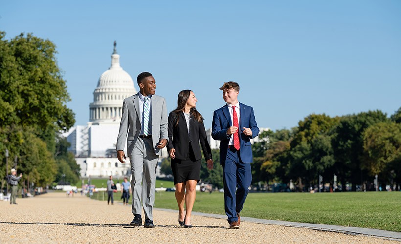 Students walk in Washington, D.C., during Villanova on the Hill