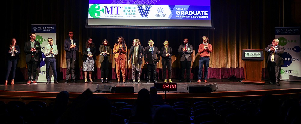 Contestants on stage at the 2023 Villanova 3MT Competition