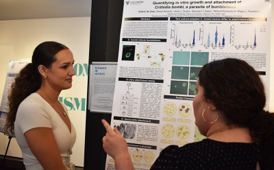 Graduate student explains the research displayed on a poster
