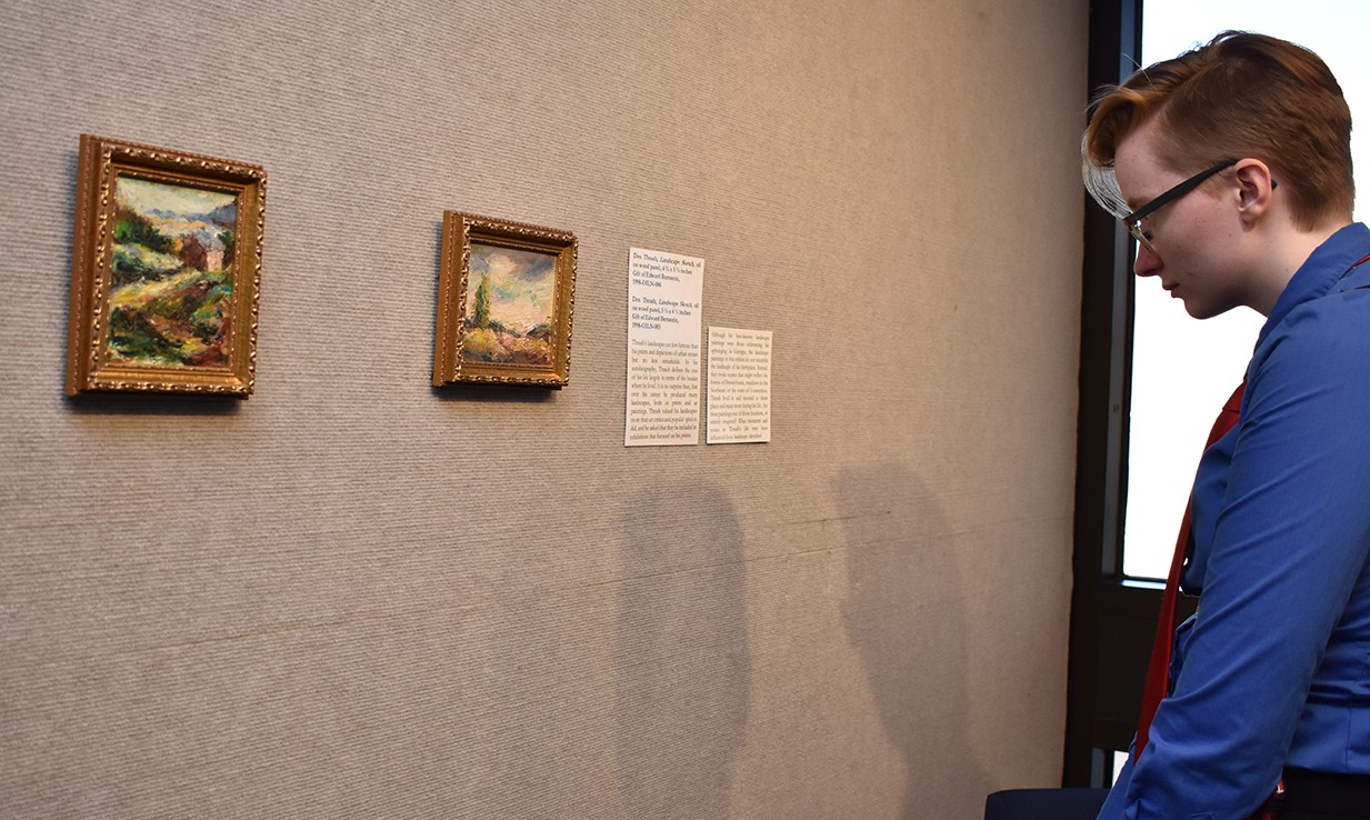 Student looking at two small paintings