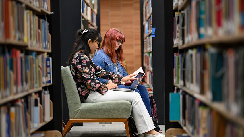 Graduate students studying in the library.