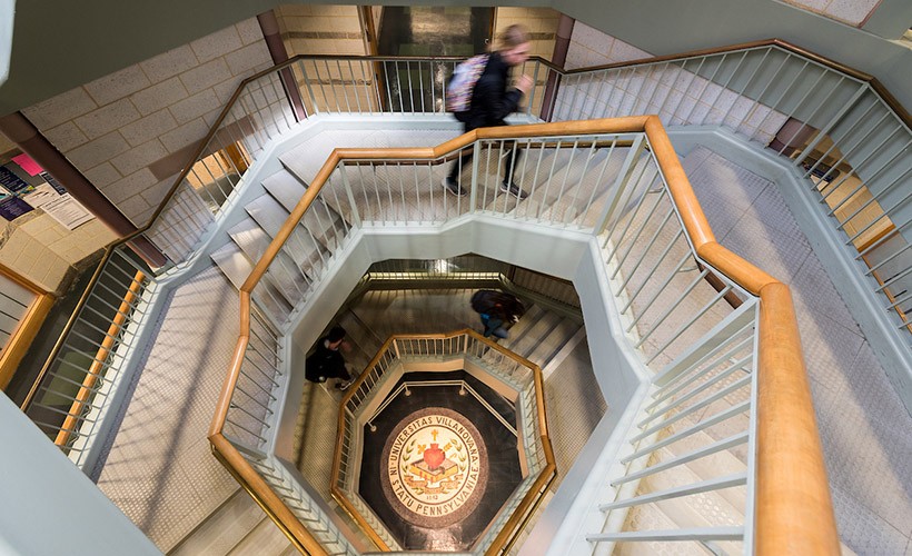 An aerial view of the seal and spiral staircase in the St. Augustine Center.