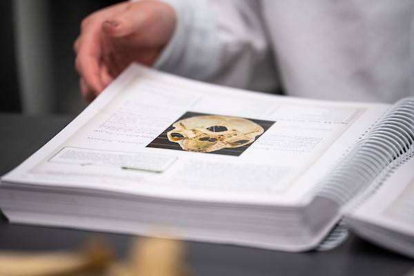 A student looks at a anatomy text book.