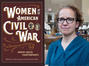 History Professor Judith Giesberg, PhD, next to the cover of her book Women and the American Civil War