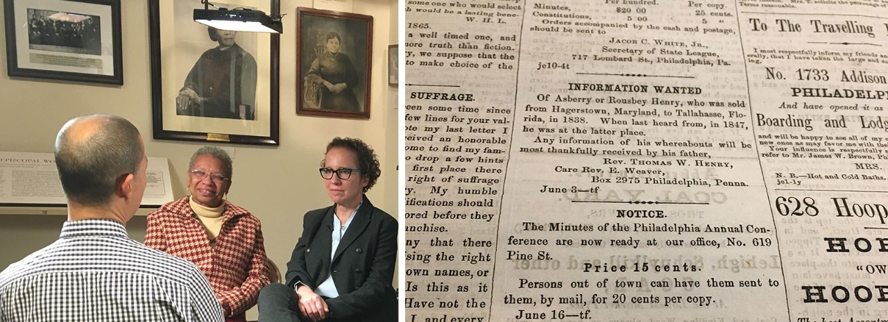 Villanova History Professor Judy Giesberg, PhD, speaks with a researcher Mother Bethel African Methodist Episcopal Church in Philadelphia. At the right is an example of a "Last Seen" information wanted ad.