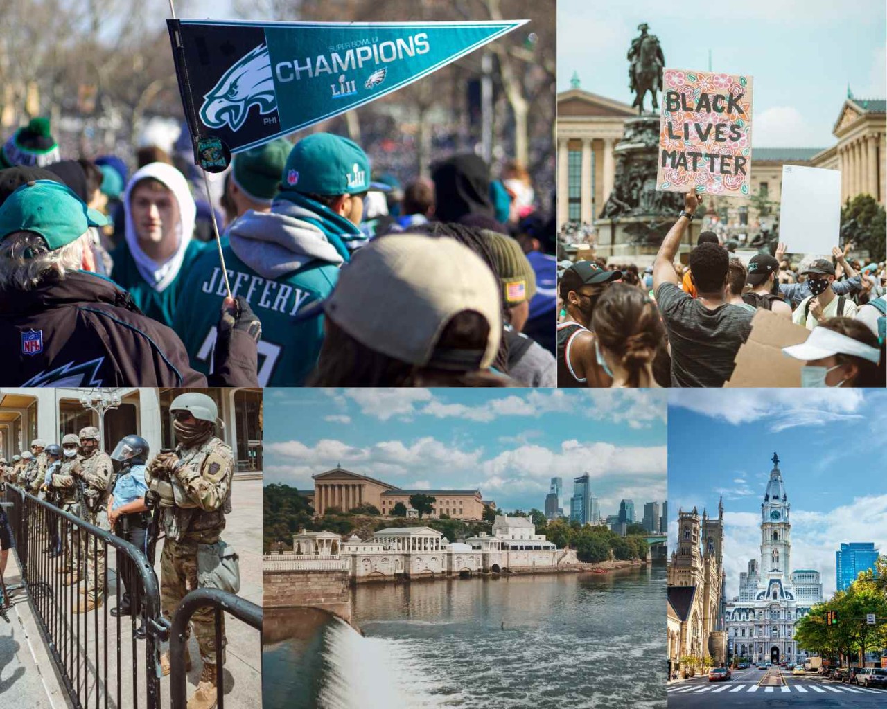 Photo collage including celebrating fans, protestors, police, art museum, city hall.