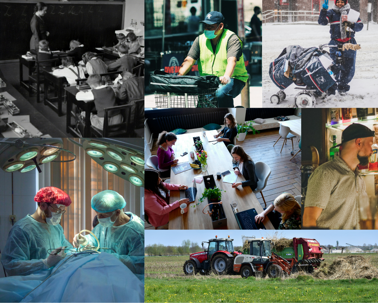 Photo collage including teacher, delivery drivers, bartender, doctors, laptop workers, tractors.