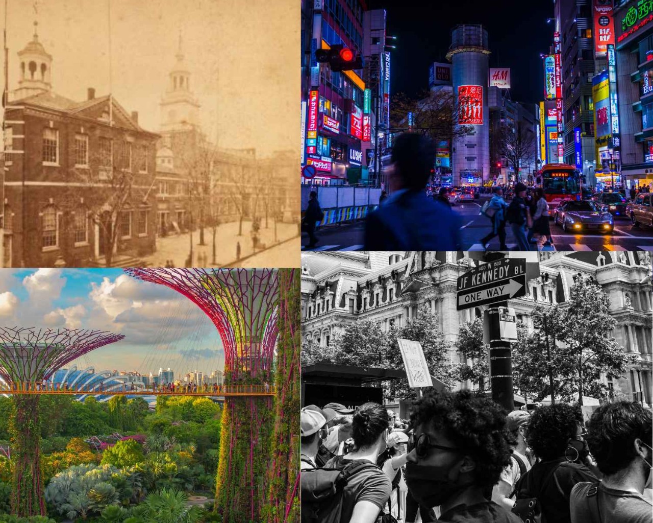 Sepia and grayscale photos of Philadelphia, color photos of Shibuya and Singapore.