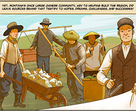 An illustration by Rich Lee. A group of Chinese migrants are pictured performing various key jobs including ironing, mining, and gardening.