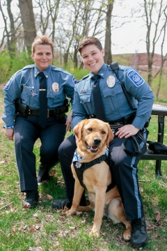 Taffy pictured with Deputy Chief Police Debra Patch (L) and Officer Amy Lenahan (R).