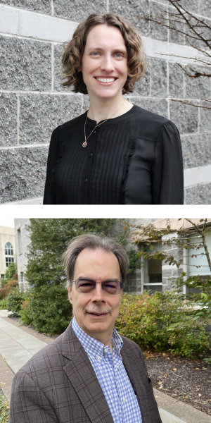 Headshots of Theology Professors Christiane Lang Hearlson and Timothy M. Brunk 