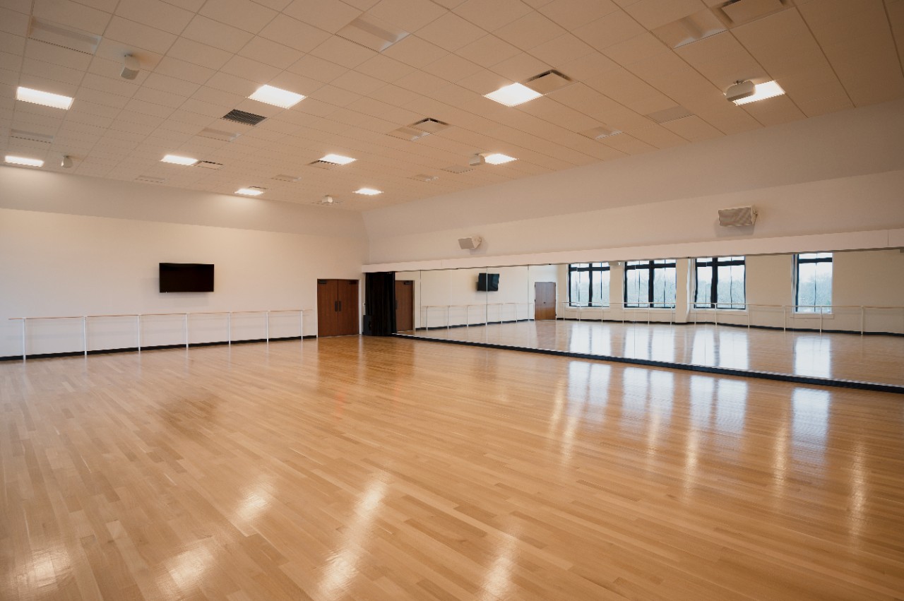 Dance studio with a mirror wall in the Mullen Center