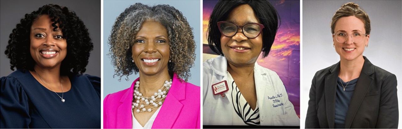 SARI Banner-Bridgette et al Multiple Principal Investigators (from left): 1.) Bridgette M. Rice, PhD, MDiv, APRN, FAAN, Associate Dean for Research and Innovation, The Richard and Marianne Kreider Endowed Professor in Nursing for Vulnerable Populations, M. Louise Fitzpatrick College of Nursing, Villanova University, 2.) Kamila A. Alexander, PhD, MPH, RN, Associate Professor, Natalie and Wes Bush Rising Professorship, Director, PhD and Postdoctoral Programs, School of Nursing, Johns Hopkins University, and 3.) Priscilla O. Okunji, PhD, CRNP, FNP-BC, FIMC, Professor, College of Nursing and Allied Health Sciences, Division of Nursing, Howard University. Co-Investigator (right): Margaret Brace, PhD, Research Assistant Professor, M. Louise Fitzpatrick College of Nursing, Villanova University.