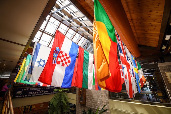 Flags From Countries of Current Students Hang in Connelly Center