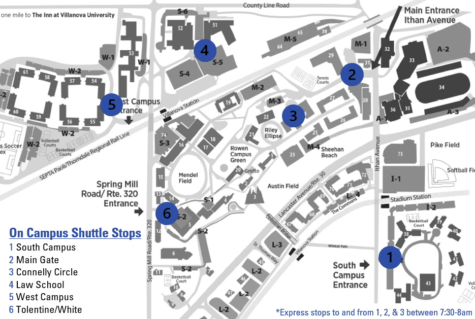 A map of Villanova University's campus showing the six shuttle stops of South Campus, Main Gate, Connelly Circle, Law School, West Campus and Tolentine/White Halls.