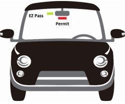 A black and white cartoon image of a front-facing car which shows a red square for the correct placing of the permit decal. 
