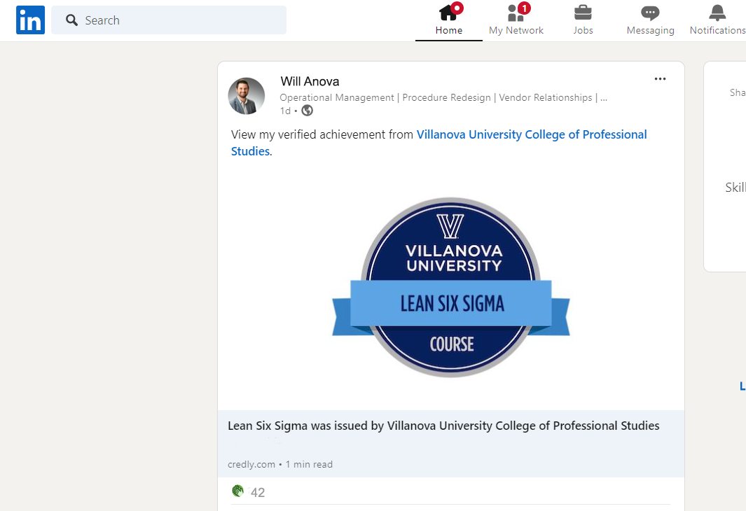 Screenshot of a LinkedIn profile page with a digital badge embedded.