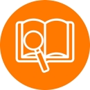 Icon of a book with a magnifying glass on top of it.