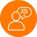 Icon of a person with a talking bubble that holds a representation of the scales of justice.
